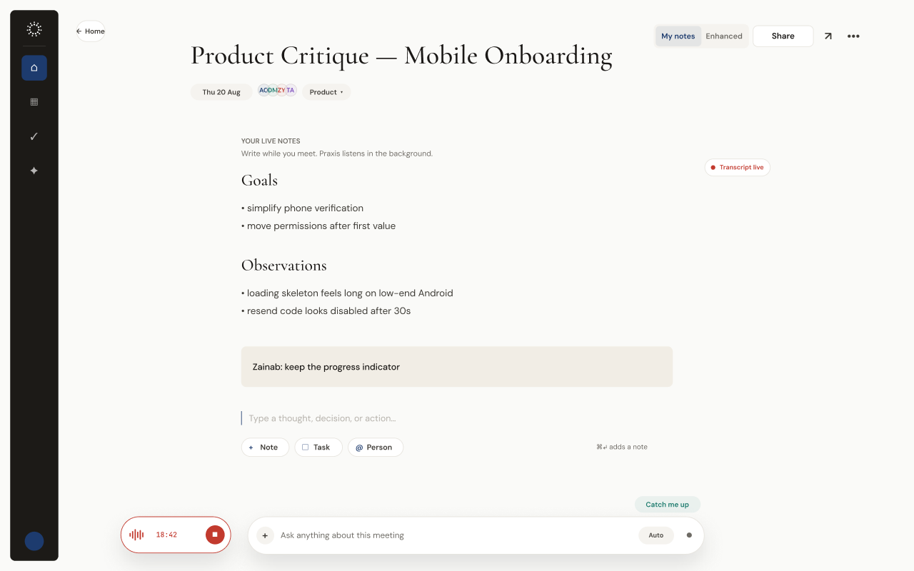 A live Praxis note for a product critique meeting