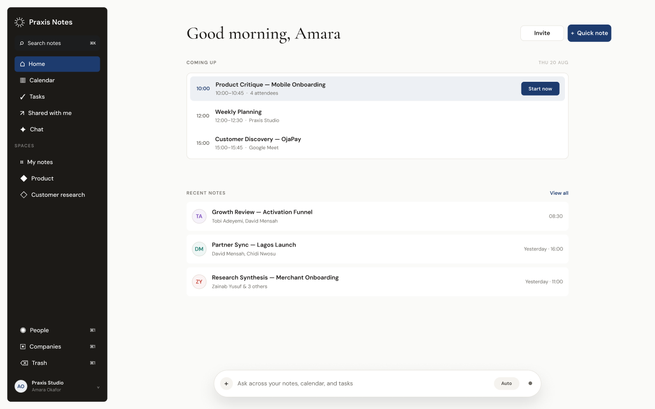 Praxis Notes home with upcoming meetings and recent notes